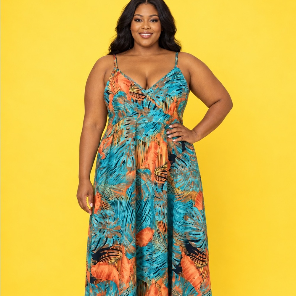 Teal and Orange Tropical Print Plus Size Maxi Dress